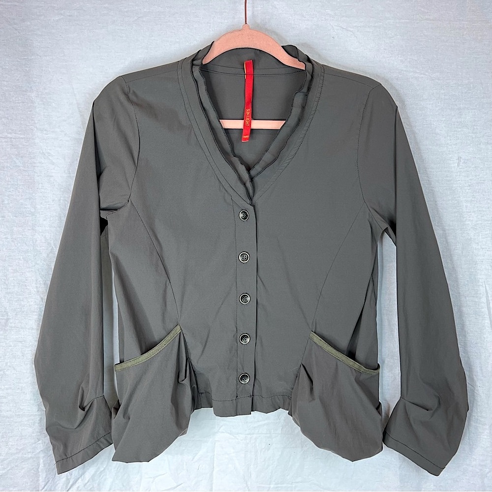 Sunlight Paris Gray Stretch Jacket M B Louvette Ruched Lightweight Lagenlook